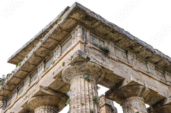 Fototapeta Isolated ruins of an ancient temple. The Greek temple. Front view.