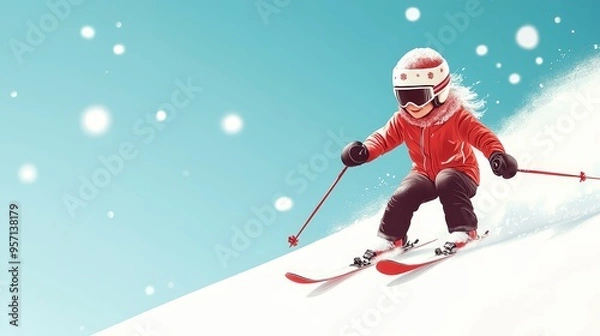 Obraz Skiing down a snowy slope, wearing festive gear, Christmas in the mountains