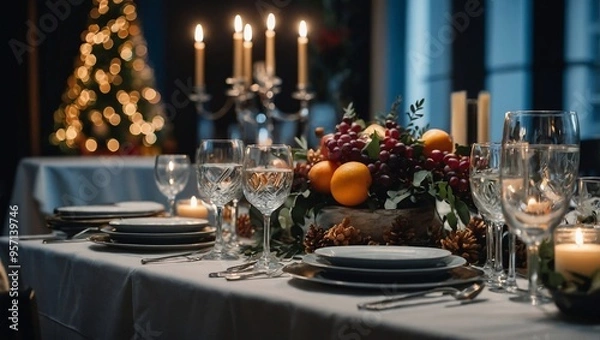 Fototapeta Party Table Set with Feast and Festive Decorations.