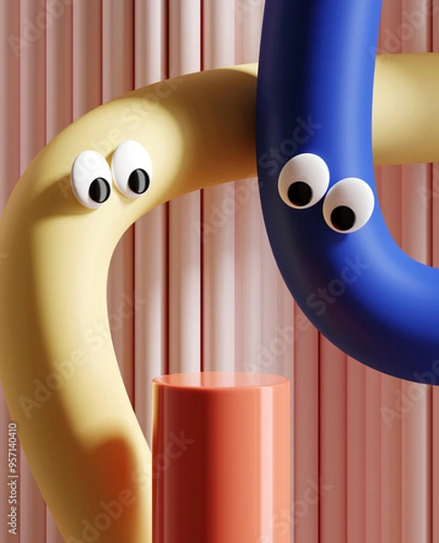 Fototapeta Minimal product background for sale promotion concept. Pastel tube cartoon with googly eyes and podium on pink corrugate background. 3d render illustration. Clipping path of each element included.