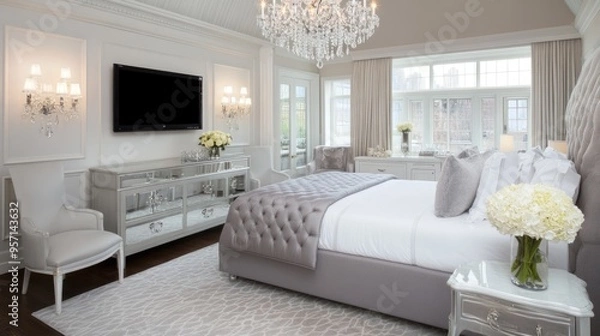 Obraz This spacious white bedroom showcases an ornate bed frame, a large TV mounted on the wall, and gray velvet curtains, creating an inviting and luxurious ambiance