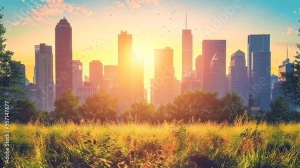 Fototapeta Futuristic alien city merging advanced technology with nature, ideal sci fi background with space