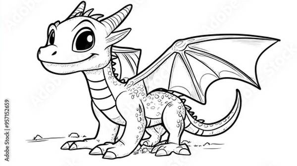 Fototapeta A cute cartoon dragon with big eyes and a friendly smile. The dragon is standing on all fours with its wings spread out.