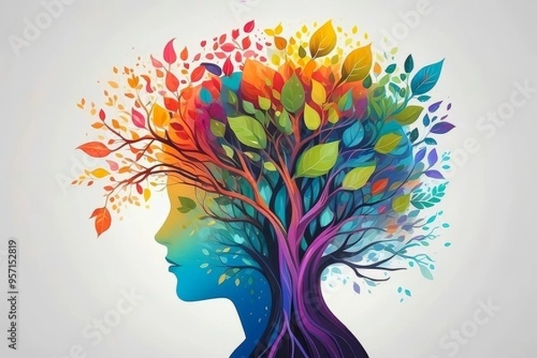 Obraz A tree growing within the human mind, showing the importance of emotional development and inner balance.