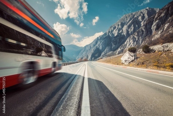 Fototapeta A fast-moving bus blurs as it travels on an expansive mountain road, capturing a sense of speed and adventure against a scenic backdrop.