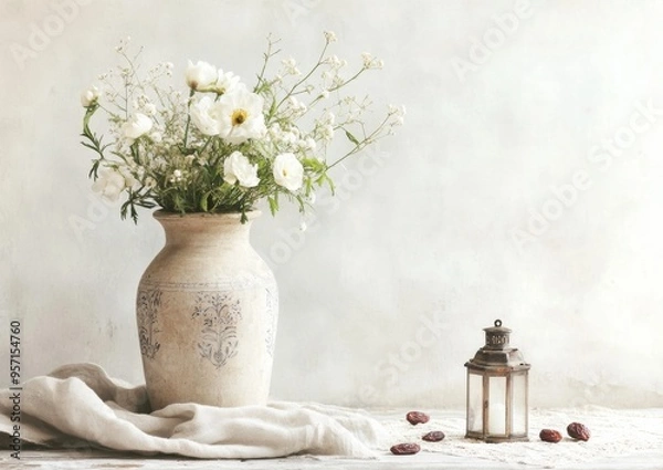 Fototapeta Antique Vase with Fresh Flowers in a Serene Ramadan Setting Featuring Traditional Middle Eastern Elements at Golden Hour