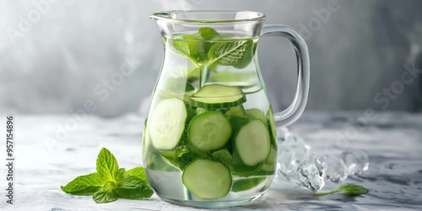 Fototapeta Refreshing cucumber mint infused water in glass pitcher with ice and fresh herbs