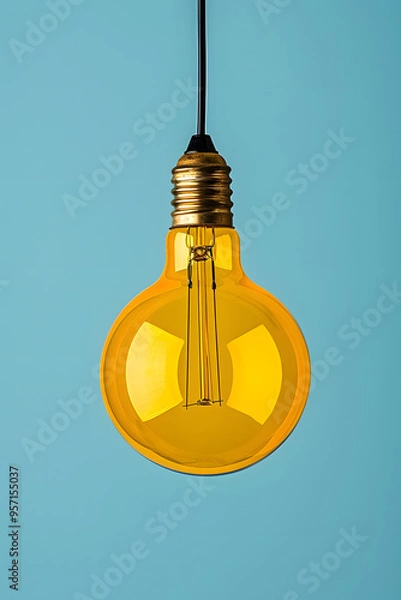 Fototapeta Yellow light bulb hanging against color background.