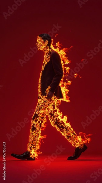 Fototapeta Conceptual Art of Person Walking with Flames on a Red Background