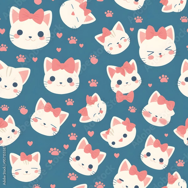 Fototapeta Cute cartoon cat face seamless pattern background.
