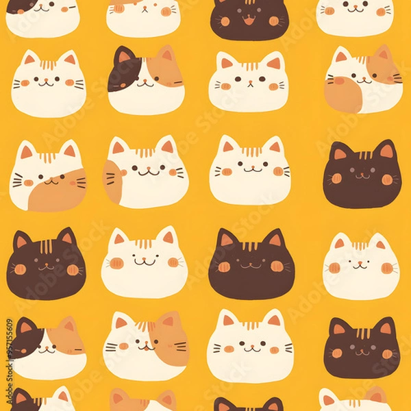 Fototapeta Cute cartoon cat face seamless pattern background.