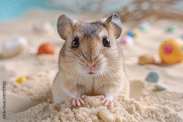 Fototapeta A small hamster looks directly at the camera, sitting in a tiny sandbox filled with toys