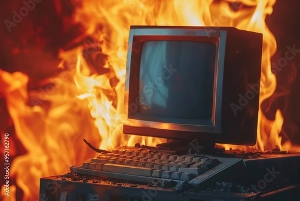 Fototapeta An old computer engulfed in bright, raging flames, symbolizing the end of an era or the dangers of outdated technology.