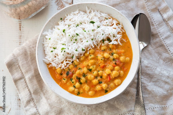 Fototapeta Top view of coconut chickpea curry with basmati rice in a white dish