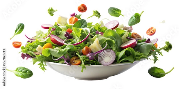 Fototapeta Mixing Salad of different vegetables green lettuce, spinach, onion and other flying in the air isolated on transparent background