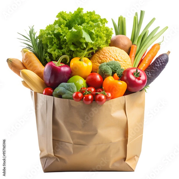 Fototapeta Close up of shopping paper bag full with fruit and vegetables isolated on transparent background