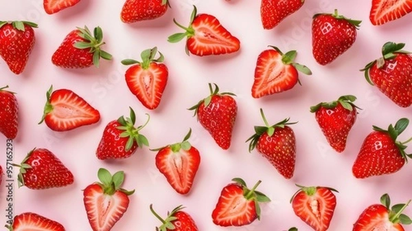 Fototapeta Top view fresh strawberries scattered on light pink background, vibrant red berries are whole halved, showcasing their juicy texture, image is perfect for themes related fresh fruits, healthy eating.