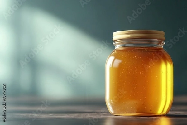 Fototapeta A close-up of a jar of golden honey, beautifully illuminated, showcasing its rich color and texture on a rustic table.