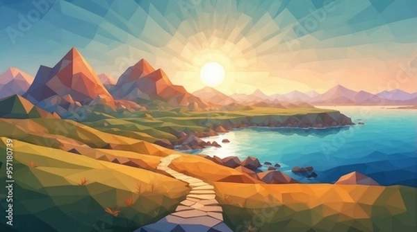 Fototapeta Wallpaper mountains, sea and islands in low poly style