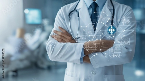 Fototapeta Doctor with Digital Interface: A confident physician with a stethoscope stands arms crossed, showcasing a holographic digital interface that represents advancements in healthcare technology. 