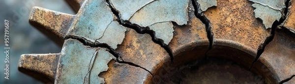 Fototapeta A detailed view of a wornout gear with cracks along its teeth, symbolizing the breakdown of machinery due to repeated stress and material fatigue