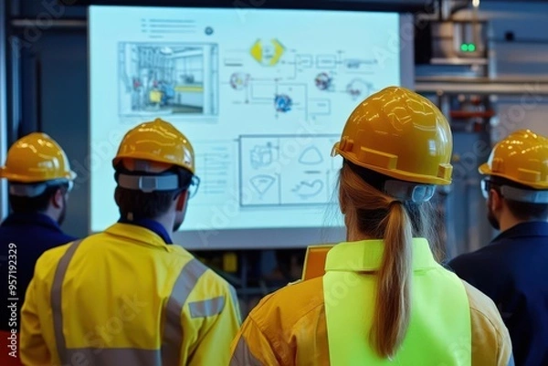 Fototapeta A team of industrial workers attending a safety training session, with diagrams of emergency procedures on a screen, representing the emphasis on safety education in the workplace