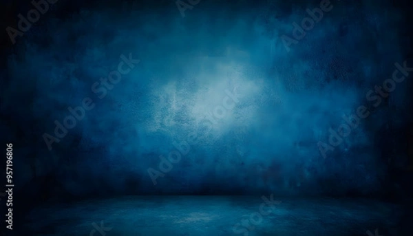 Fototapeta dark blue background texture with black vignette in old vintage textured border design dark elegant teal color wall with light spotlight center