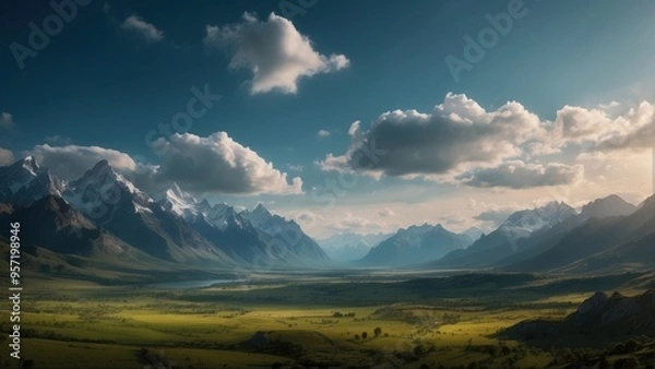 Fototapeta Wallpaper panoramic landscape lowlands and mountain and clouds above them