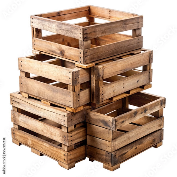 Fototapeta 4 rough wooden crates are stacked by size, largest on bottom and smallest on top, giving a weathered look