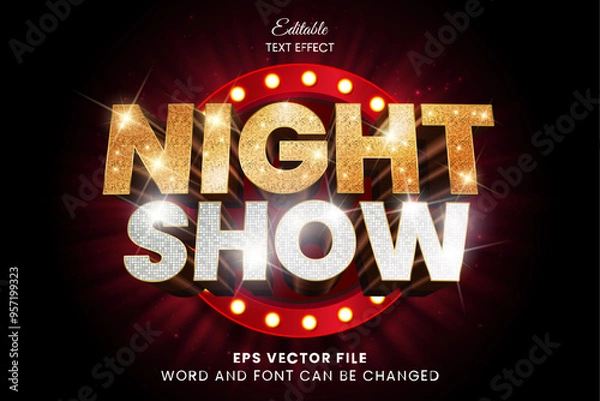 Fototapeta Night show party 3d editable vector text effect. Glittery golden and silver 3d text style