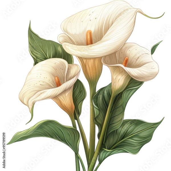 Fototapeta A simple, elegant illustration of three white calla lilies with green leaves on a white background