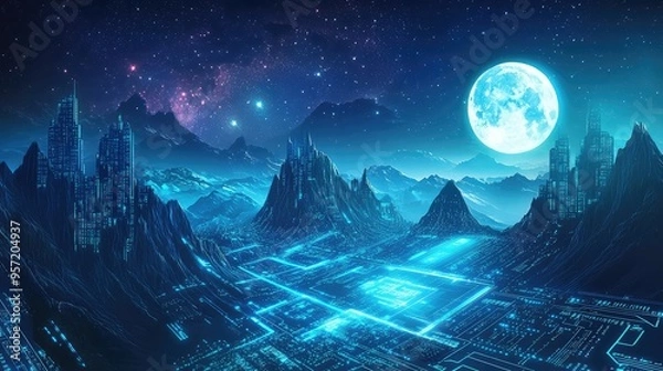 Fototapeta A computer chip landscape with mountains and glowing screens, beneath a cosmic sky with a full moon and interactive digital elements