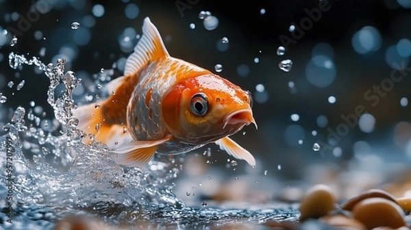 Fototapeta Koi Fish Leaping Out of Water with Frozen Droplets in Motion Photography