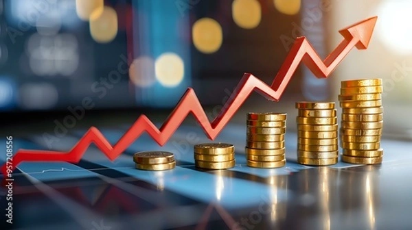 Fototapeta financial growth concept featuring stacked gold coins with a red upward arrow, symbolizing increasing profits, investments, and business success. Perfect for finance, economy, and business projects.