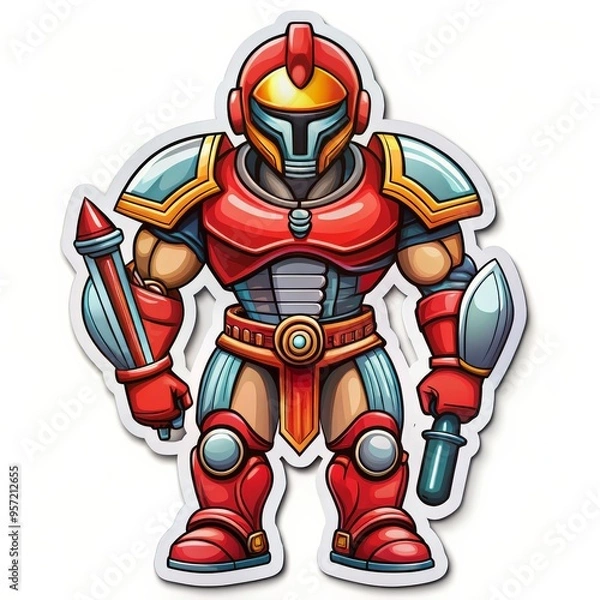 Fototapeta The Galactic Gladiator - A 2D illustration of a cartoon warrior wearing red and gold armor, holding a weapon and standing on a white background. ,warrior ,cartoon ,hero