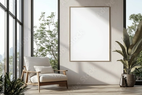 Fototapeta Poster Frame in Beige minimalist living room interior created with generative AI