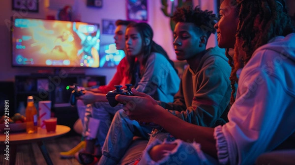 Obraz Gen Z playing video games together - A group of friends sitting on a couch in a living room, intensely focused on a video game, with controllers in hand, snacks on the table, and a large TV screen.