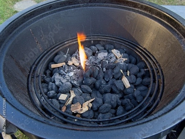 Obraz Charcoal with wooden chips is being lit up on the grill