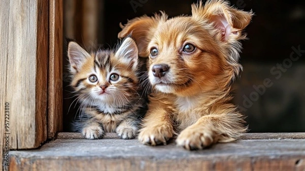 Fototapeta Peaceful Harmony - Tiny Puppy and Kitten Gazing Out of Window Together in Serene Moment of Bonding
