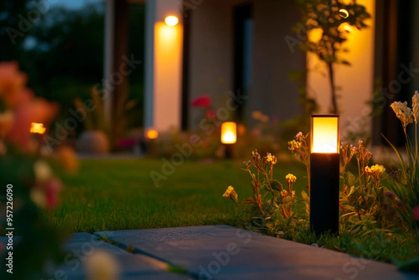 Fototapeta Garden path with modern lanterns illuminating the flowers at night.