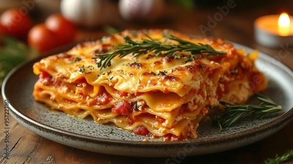 Fototapeta A beautifully plated lasagna with gooey, melted cheese, served on a ceramic plate, with a blurred candlelight in the background, adding a romantic and cozy ambiance to the scene.