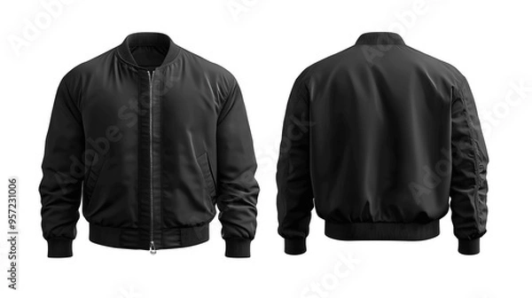 Obraz Black men's bomber jacket mockup, front and back view, isolated on white