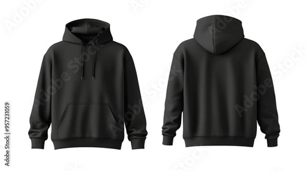 Obraz Black pullover hoodie mockup, front and back view, isolated on white