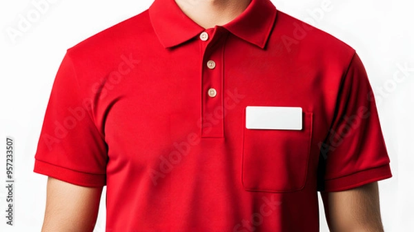 Obraz Red fast food worker uniform mockup polo shirt with name badge
