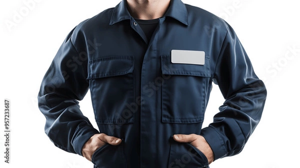 Obraz Navy blue mechanic uniform mockup with jumpsuit and name badge