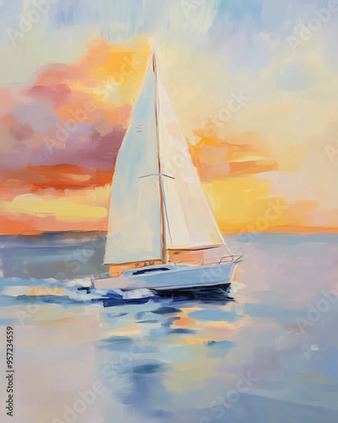 Obraz illustration of sailboat sailing with sunset in background