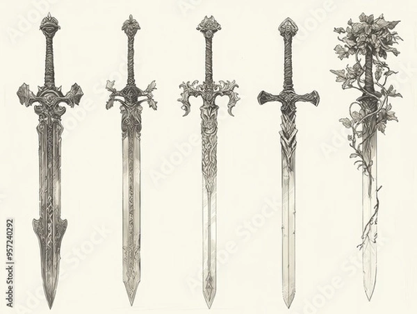 Fototapeta Ornate Swords Vines Detailed ink drawings of various swords one enveloped by a vine A study in contrasting design elements Tribal