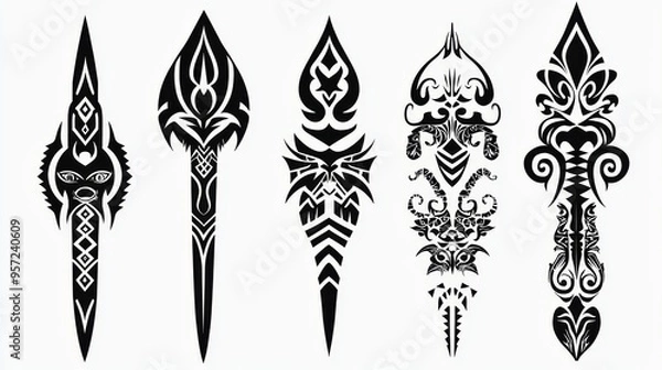 Fototapeta Five Black and White Tribal Designs A Symmetrical Arrangement of Geometric Shapes and Patterns Tribal