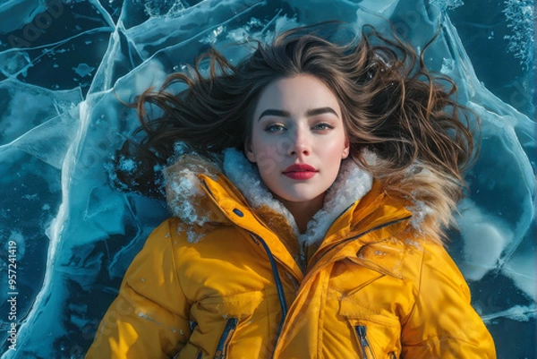 Obraz beautiful young European woman in yellow jacket lying on blue ice of frozen lake with snow and cracks in winter. generative AI