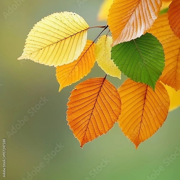 Fototapeta Vibrant Autumn Leaves in Various Colors Captured in Close-Up Against a Soft Green Background